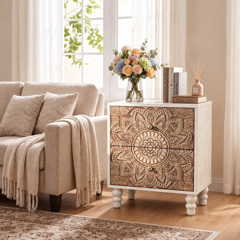 18“ Carved Wooden Nightstand with Two Drawers, Individual