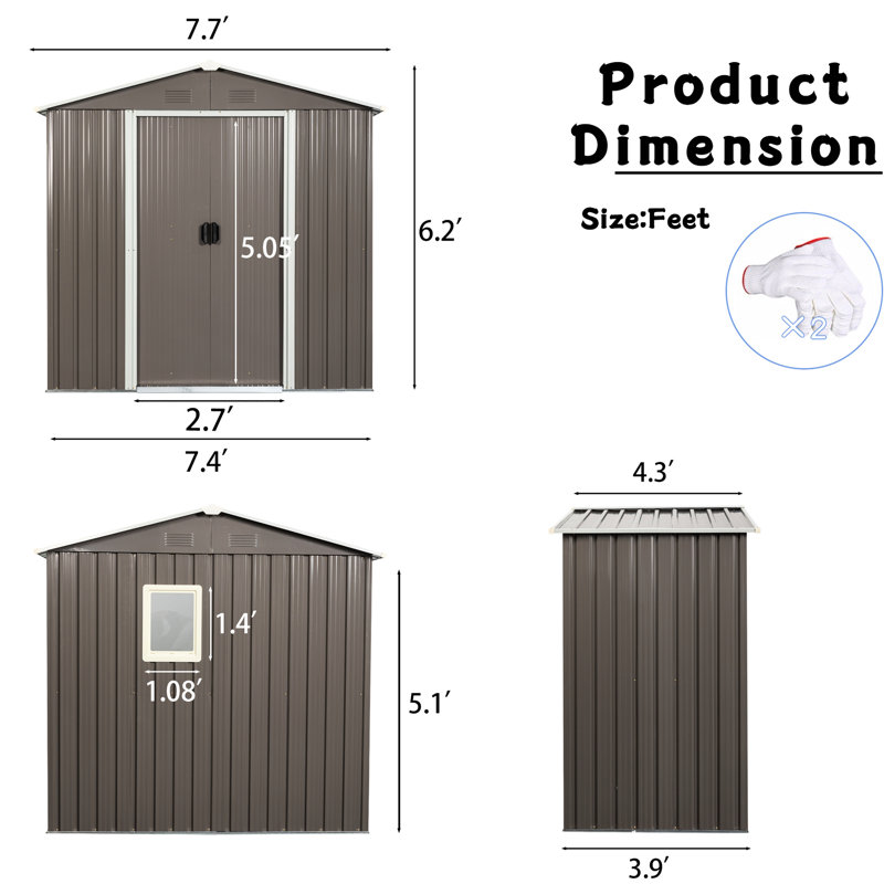8Ft X 4Ft Outdoor Metal Shed - Gray With Galvanized Iron Frames & Easy Assembly Kit Anchors Punched Vents, Foundation Gloves