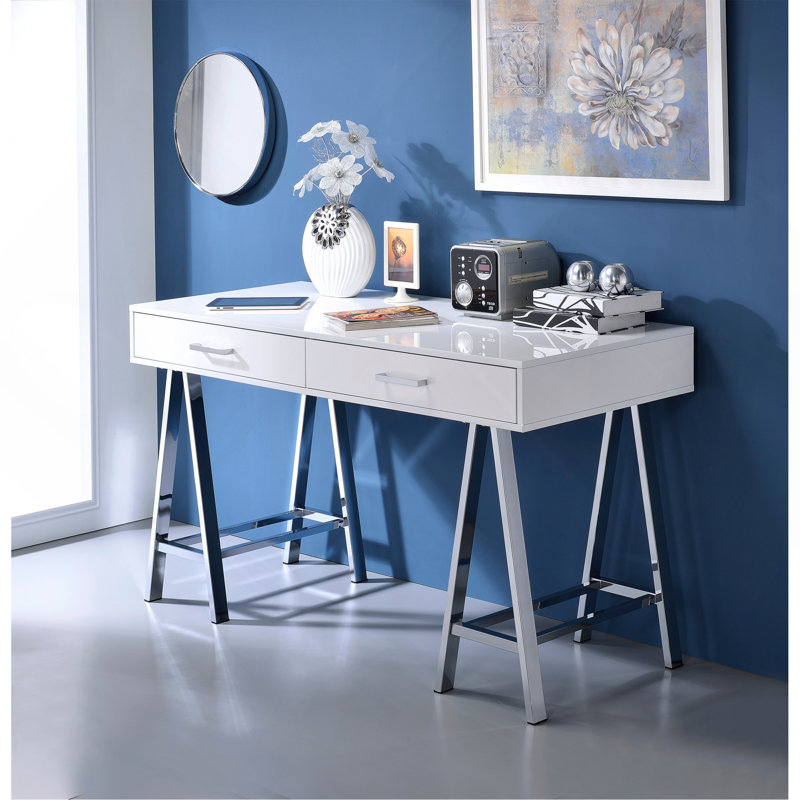 Versatile High Gloss Writing Desk With Advanced USB Functionality, White