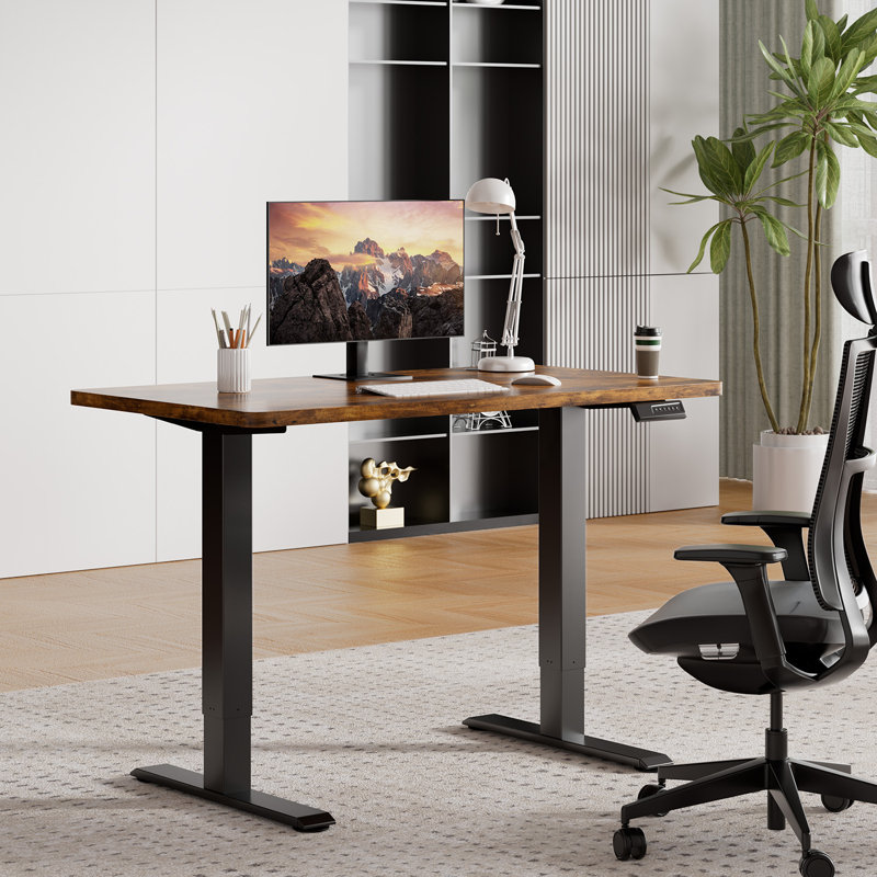 Guimauve Height Adjustable Electric Standing Computer Desk With Non-Spliced Desk Top Home Office Desk, Black, Black