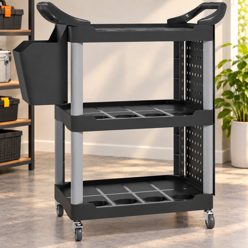 Chariot utilitaire roulant à 3 niveaux avec panneaux perforés et seau, supportant jusqu'à 90 kg (200 lb), en plastique, pour le rangement d'outils dans un garage, un entrepôt ou un atelier. Couleur noir et gris clair.