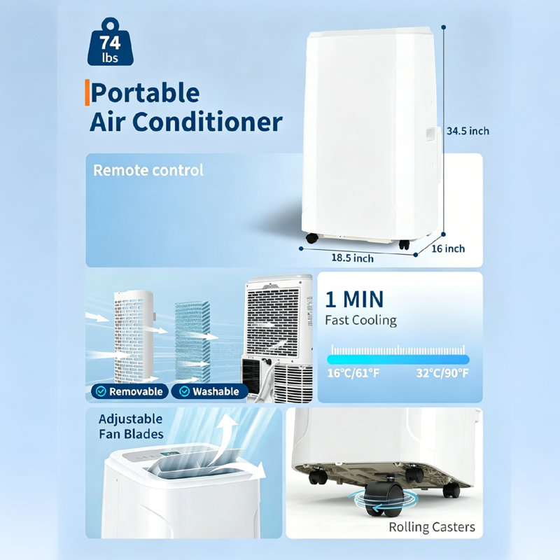 Climatiseur portatif, jusqu'à 750 pieds carrés, 14 000 BTU