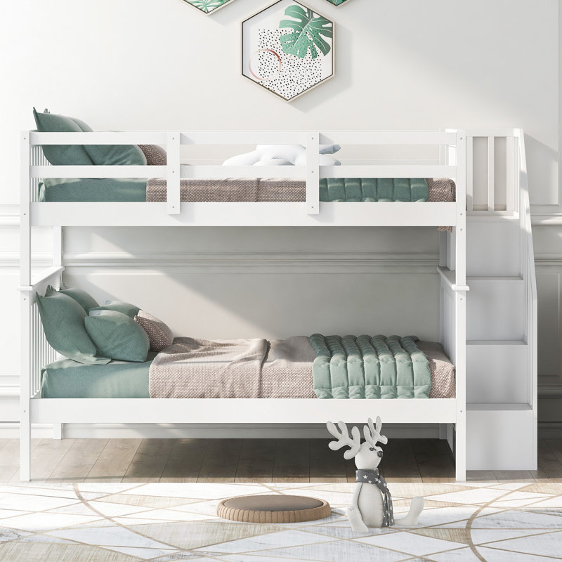 White Stairway Bunk Bed With Useful Storage And Dependable Guard Rail For Bedroom Dorm, - Spacious Safe Sleeping Solution Functional Design