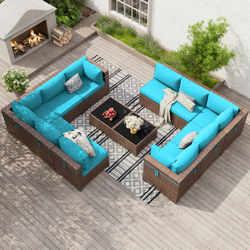Treyshun Wicker 10 - Person Modular Patio Conversation Set with Cushions, Sky Blue