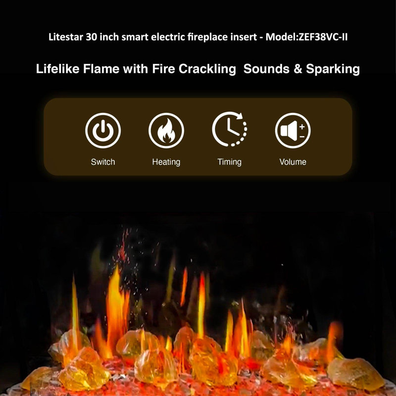Litedeer LiteStar Black Electric Fireplace Insert - Reflective Amber Glass, 21.63" H x 30" W x 8" D