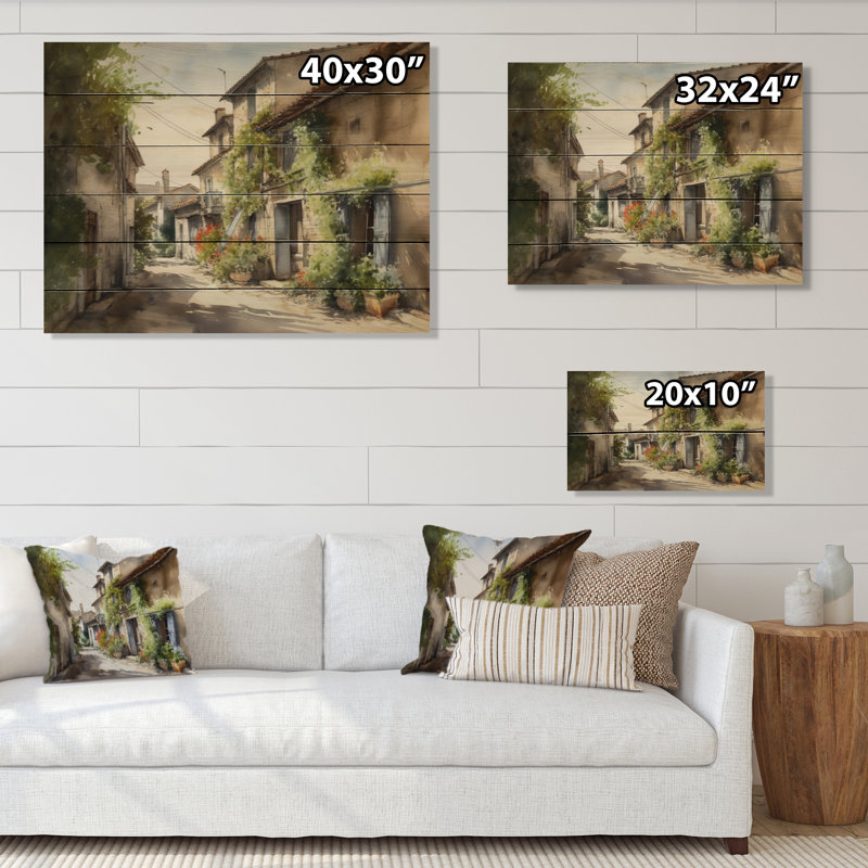 Village méditerranéen, rue IX, impression sur bois, H 10 po x l 20 po x P 0,78 po