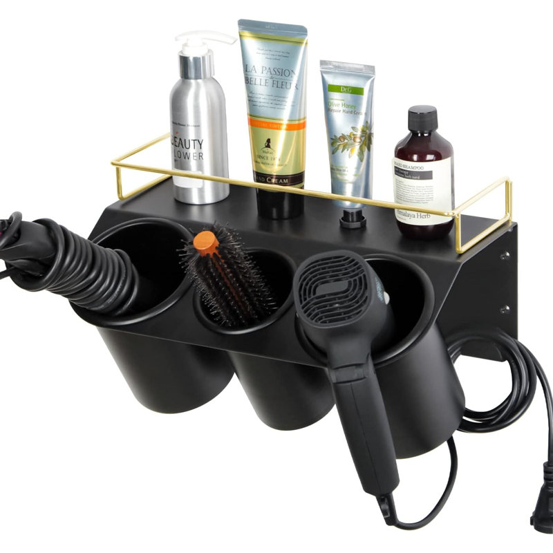 Support de sèche-cheveux pour meuble-lavabo mural, accessoires de coiffure, outils de rangement, 3 tasses, support de rangement avec tablette, acier noir doré - Mk1002a (noir)