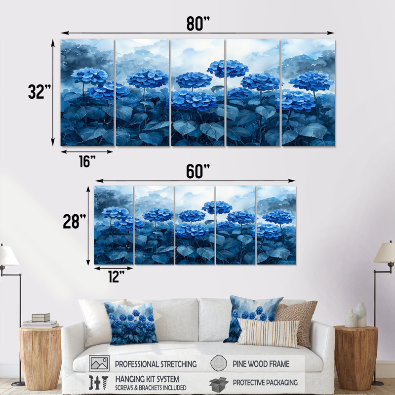 Hortensias dans une tempête d'été - hydrangées - Art mural traditionnel, H 28 po x l 60 po, 5