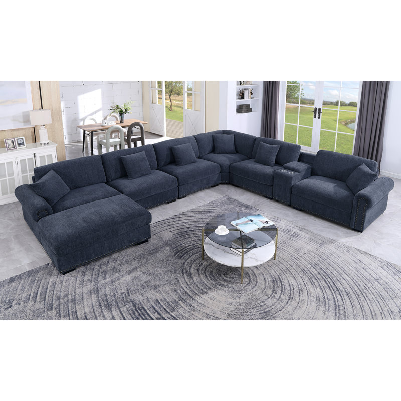 Stimpson 7-Seater Modular Sectional with Cup Holders, Dark Blue Chenille