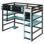 Lit mezzanine simple en bois avec bureau, support de rangement latéral, tablettes multiples et lumière RVB, bleu nuage-42761478