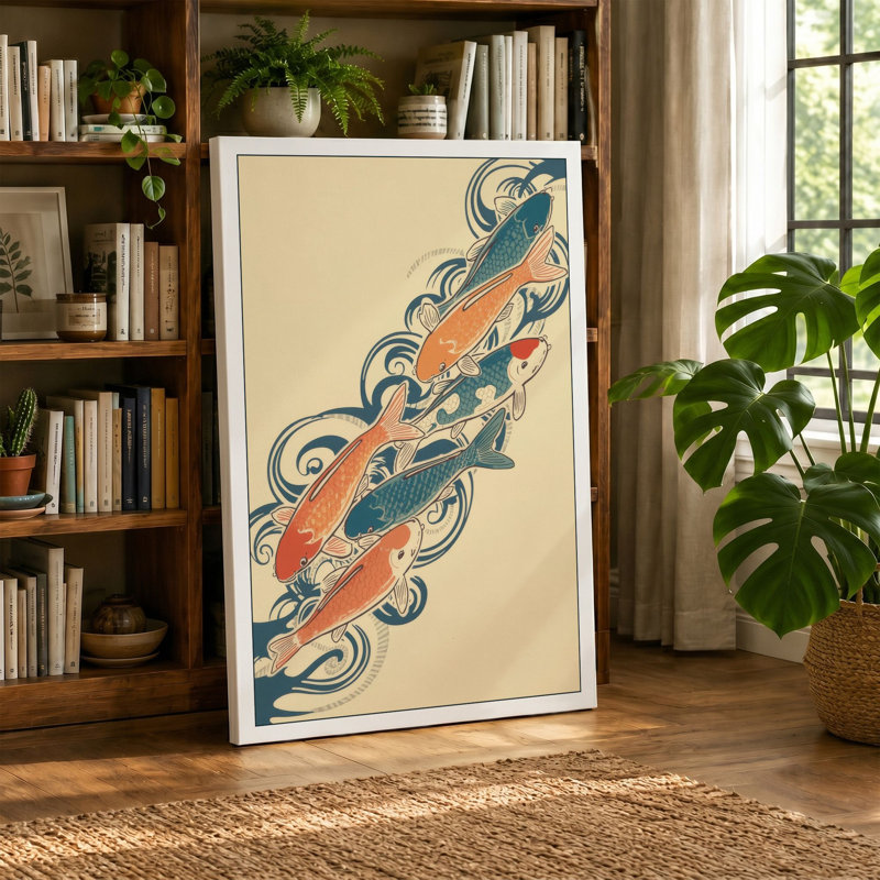 Ornamental Fish Dance Japandi - Wrapped Canvas, 18x12 - 45.7 x 30.5 cm, Cream Border