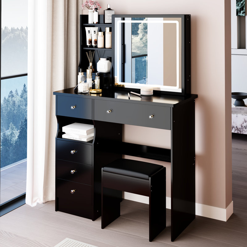 37 - Inch Left Drawer Desktop Vanity Table And Cushioned Stool, Large Sliding Mirror With Touch Controlled Tri Color Switching Brightness Adjustment For Spacious Rooms 37" Drawer, Operated Adjustable