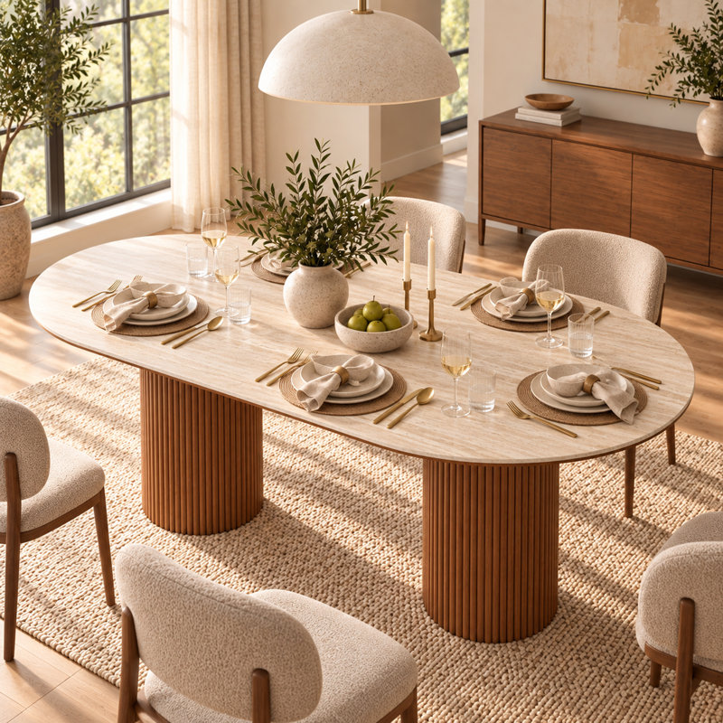 Stone Top Solid Wood Base Oval Modern Dining Table,Kitchen & Dining Room Tables,Rectangulardining Table For 6, Walnut, Stone