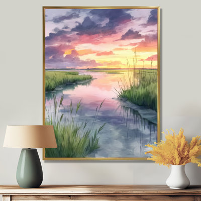 «Sunset Coastal Marshlands In North Carolina - North Carolina», reproduction d'art sur toile encadrée, voyage jaune