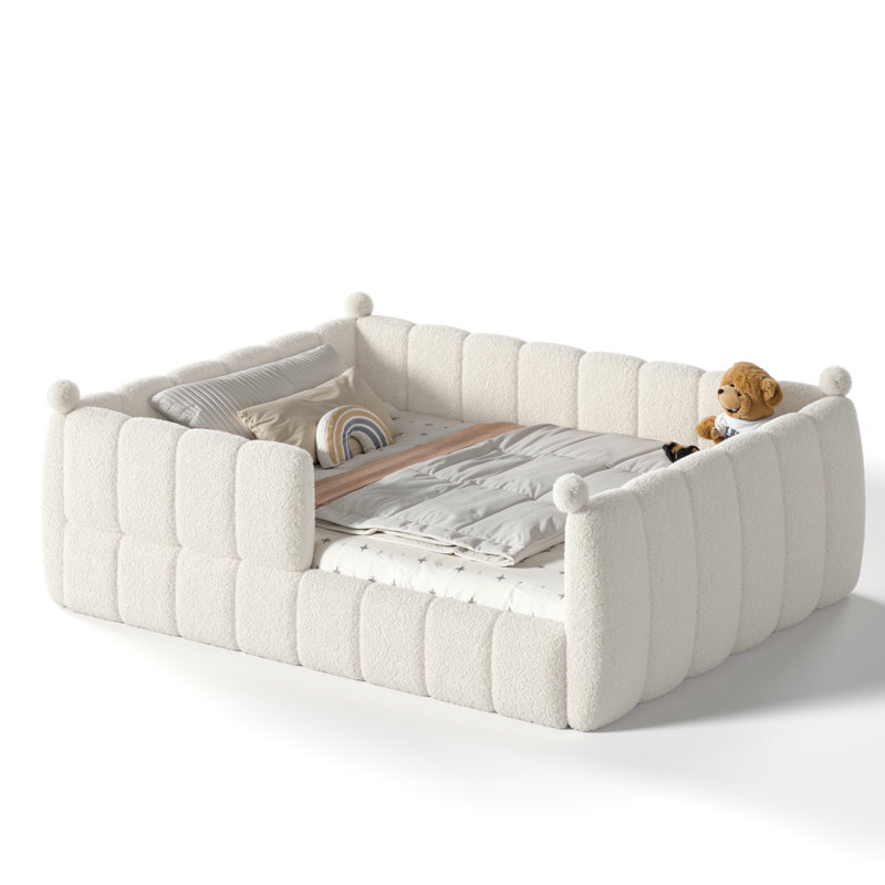 Grand lit au sol, lit tapissier Montessori avec rails de sécurité doux, base de lit à profil bas pour enfants, beige, Beige