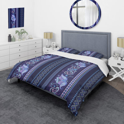 Motif rayé bleu et mauve - Ensemble de housse de couette abstrait - Microfibre de polyester