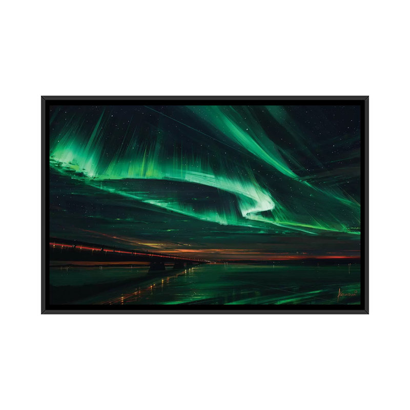 «Northern Lights», impression sur toile tendue, H 18 po x l 26 po x P 1,5 po, Toile avec cadre noir, Pas de tapis