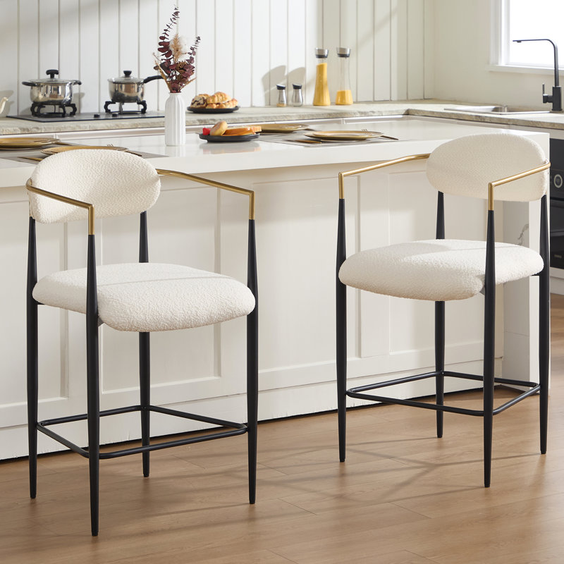 Modern Upholstered Counter Height Bar Stool With Back And Arms, Cream