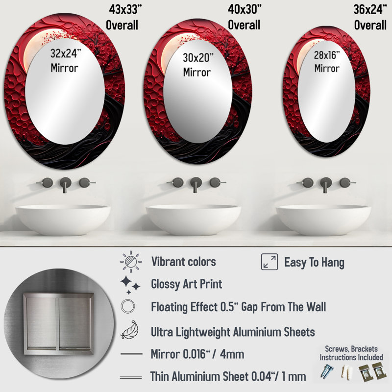 Red Moon Ruby Radiance - Red Modern Oval Wall Mirror, 36" H x 24" W
