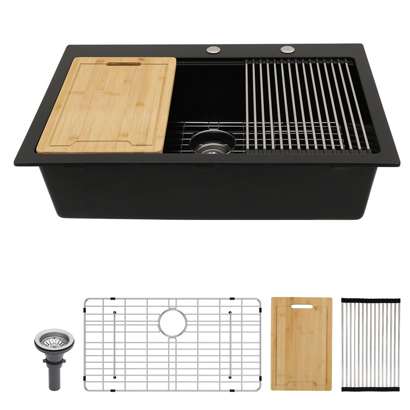 Quartz Kitchen Sink - 33X22" Black Granite Composite Workstation Drop-In Kitchen Sink