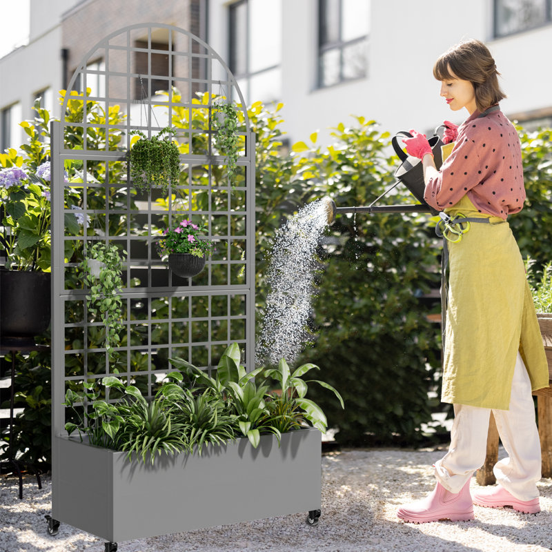 73"H×35"W Arch Metal Planter Box with Trellis with Wheels, Gray