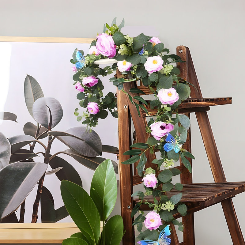 Guirlande de pivoines artificielles 5,9 pi avec papillon laser verdure Guirlande d'eucalyptus avec fleurs vignes florales printanières pour décor de table de mariage