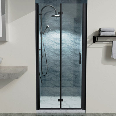 34 To 35-3/8 In. W X 72 In. H Bi-Fold Semi-Frameless Shower Doors In Matte Black With Clear Glass