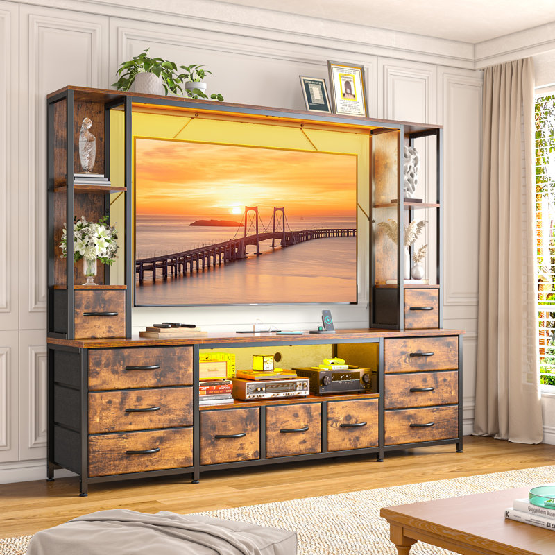Wall-mounted 78.6"w Entertainment Center Tv Stand With 11 Fabric Drawers, Led Lighting & Built-in Outlets - Open Shelves For Living Room & Bedroom