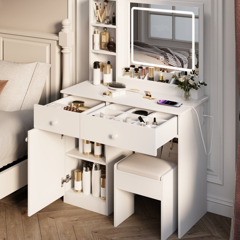 Élégant meuble-lavabo avec lumières et miroir - plusieurs rangements, luminosité réglable à la mode blanche