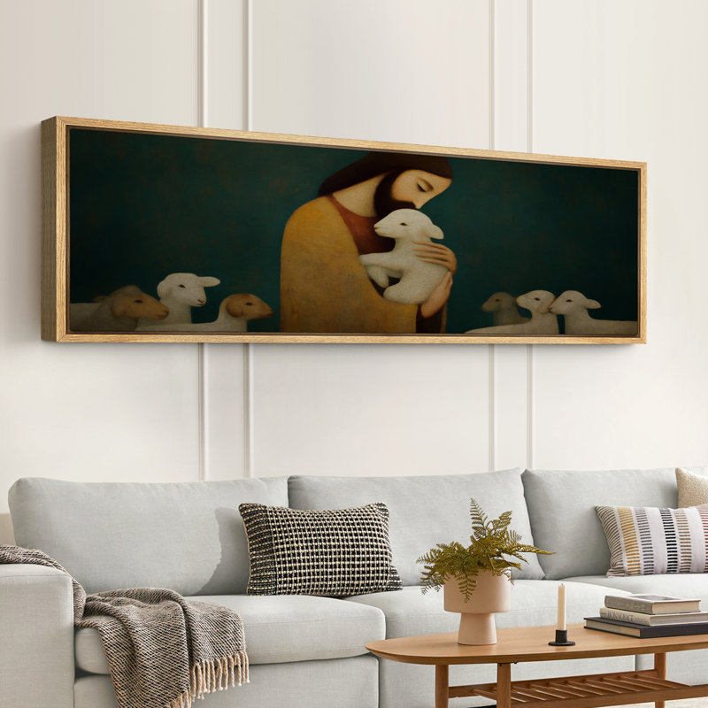 Reproduction d'art sur toile encadrée "Berger et agneau", H 20 po x l 60 po, Naturel