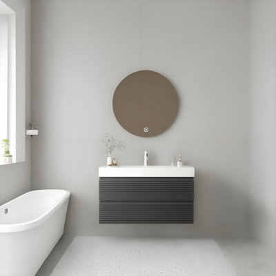 36" Modern Wall-Mounted Floating Bathroom Vanity With Undermount Sink, Plywood Striped Storage Cabinet Featuring 2 Drawers, White Integrated Rectangular Basin, Gray
