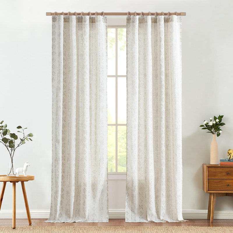 Linen Blend Semi-Sheer Rod Pocket Curtain Pair, Grey on Beige, 38" W x 96" L