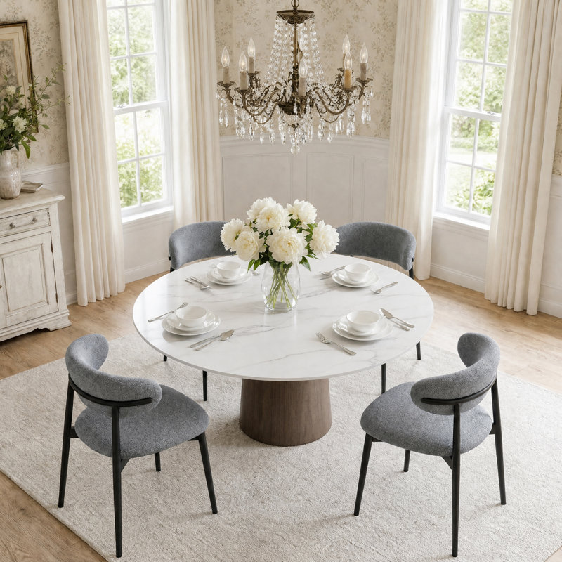 Ensemble de table de salle à manger à piédestal Amberly, 5 Pieces: Table, 4 Chairs, Soft White, 29"H x 47"L x 47"W