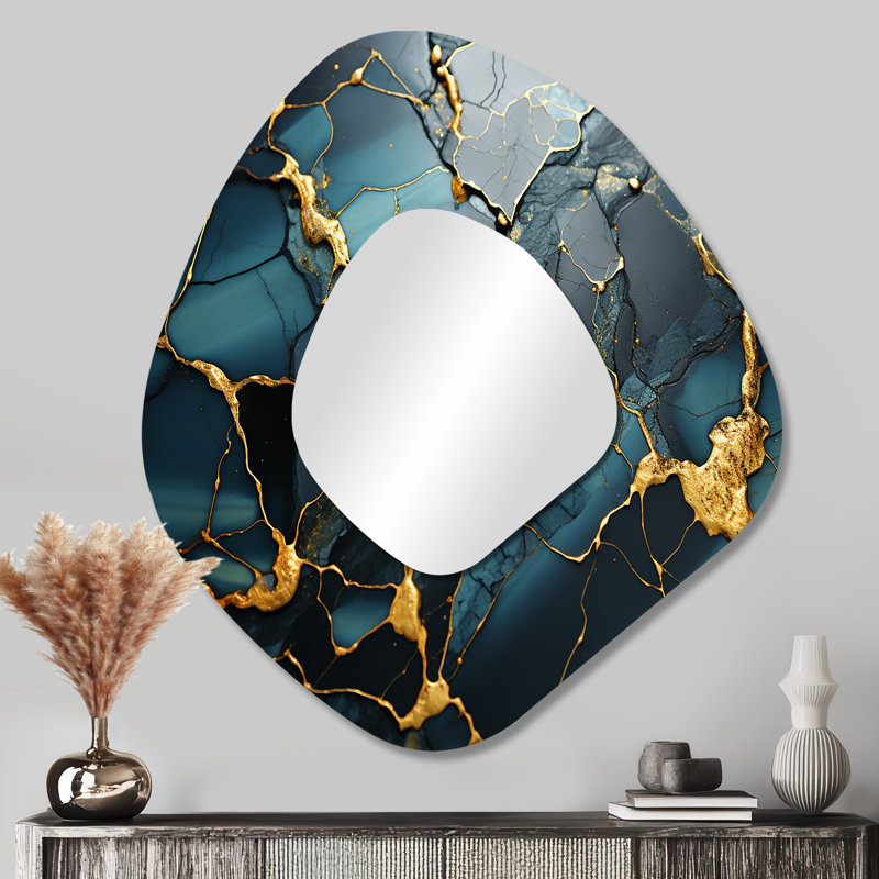 Addilynn Gold and Green Abstract marble Aura IV - Marble Unique Shape Wall Mirror, Gold Asymmetrical Decorative Mirror, Printed Metal Art
