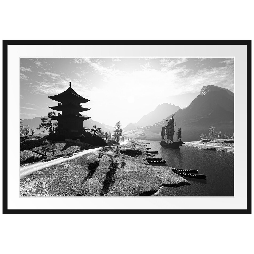 Gerahmtes Poster Asiatischer Tempel an Fluss