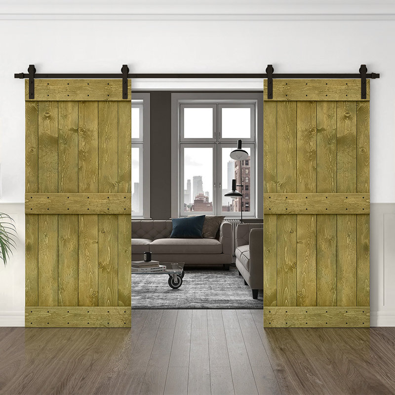 Porte de grange en bois massif lambrissé et métal, 40 po x 84 po, Vert jungle