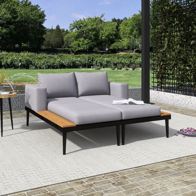 Modern Outdoor Daybed Patio Metal Daybed, Gray Cushion/Black Frame