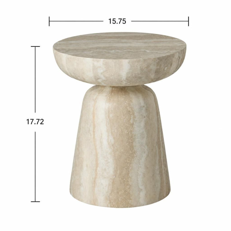 Table d'appoint ronde à champignon avec texture de travertin simulée, table de bout en fibre de verre avec base fuselée pour le salon et la chambre à coucher, table d'appoint légère pour les petits appartements, présentoir décoratif multifonctionnel sans assemblage requis