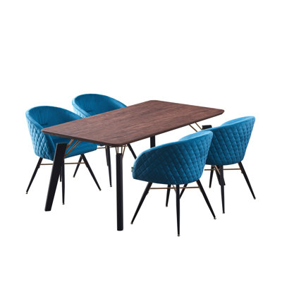Goddard 4 Person Dining set - a Rectangular Wooden Dining Table with Metal Legs and a Set of 4 Quilted Velvet Dining Chairs for Dining Room - Modern Dining Table Set