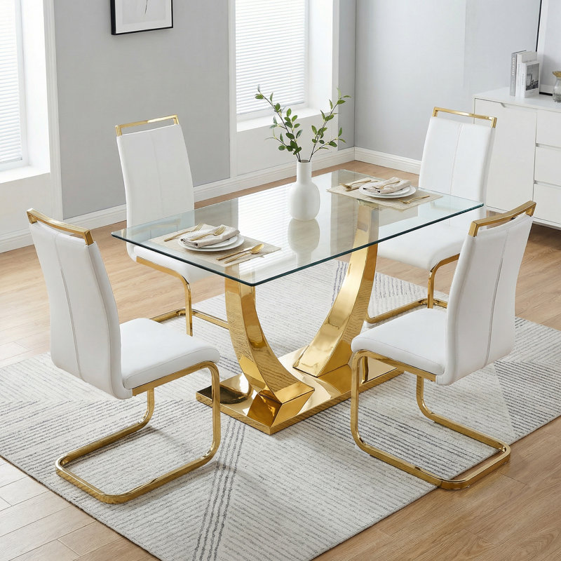 5-7-Piece Modern Rectangular Tempered Glass Dining Set with Metal Base and Faux Leather Chairs, White