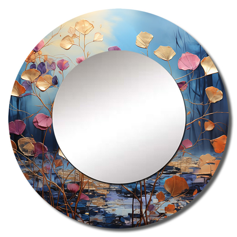 Or et feuilles dorées charmantes en hiver - grand miroir à feuilles, miroir mural décoratif rond traditionnel, impression d'art en métal