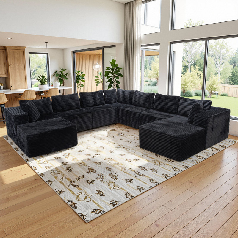 Canapé modulaire en forme de U 126 po pour 9 personnes, canapé Cloud Velours côtelé, noir