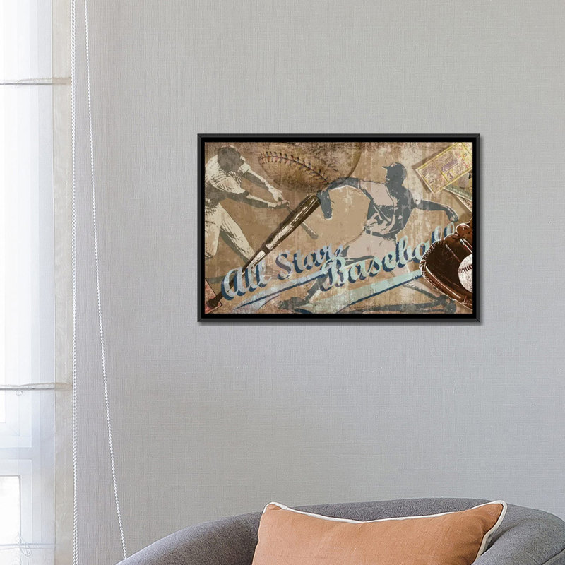 « home run », affiche rétro sur toile tendue, H 18 po x l 26 po x P 1,5 po, Toile encadrée noire, Pas de tapis
