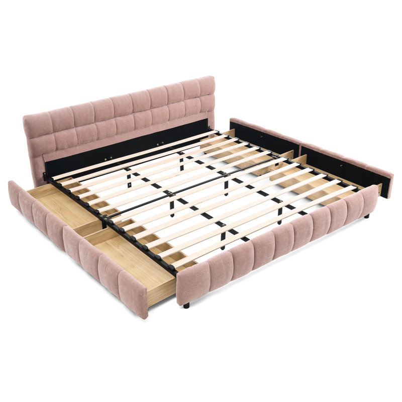 Lit très grand moderne avec revêtement en chenille rose, structure solide et tête de lit avec tiroirs de rangement