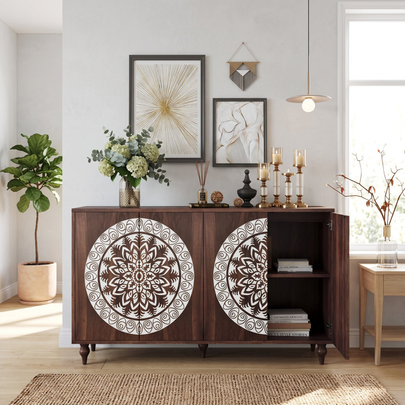 Buffet en chêne sculpté Bargamin Mandala avec portes à pousser, Noyer foncé
