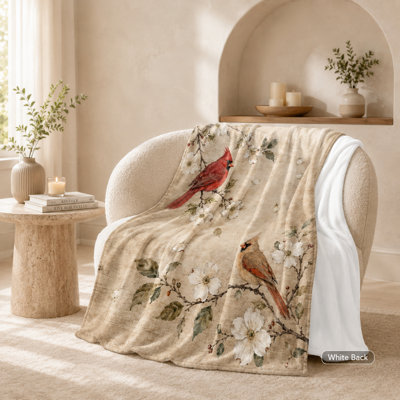Vintage Blossom Cardinal Throw Blanket, Red and Tan Birds with White Flowers on Warm Beige, Flannel Layer for Sofa, Bedroom and Reading Corner, 50 x 60 in
