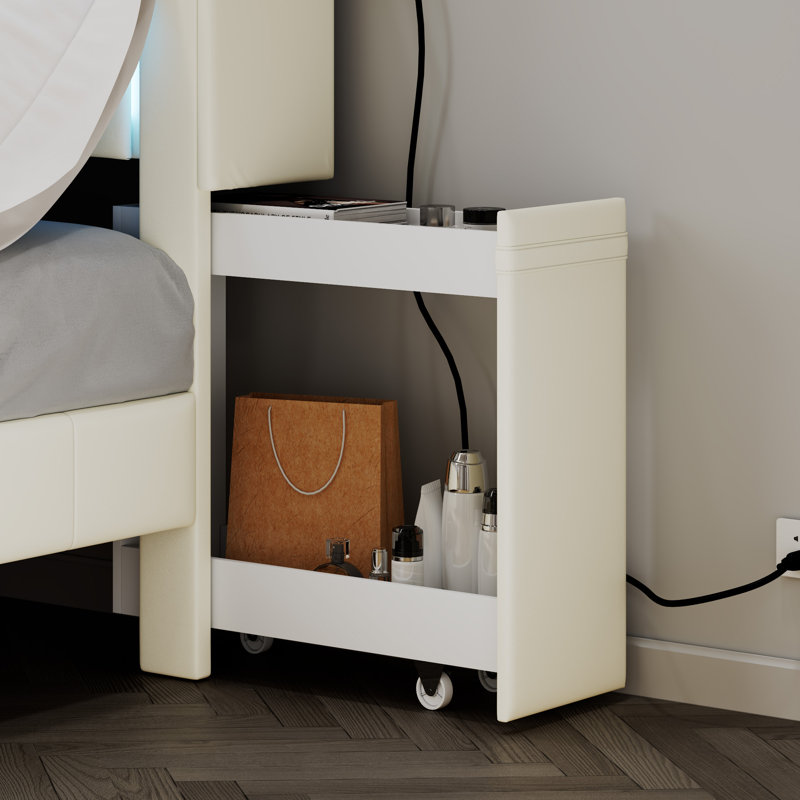 Modern Bed With 2 Nightstands, Charging Station And Colorful Led Light, Beige