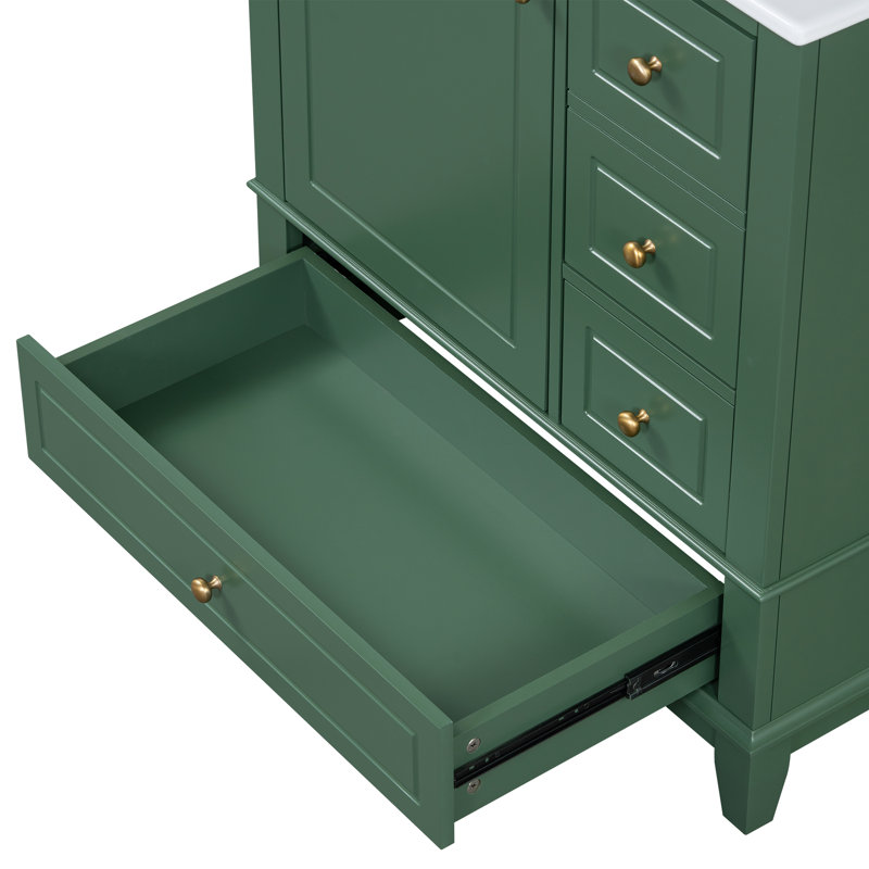 »Meuble-lavabo avec lavabo, finition verte, avec une porte avec tablette, trois tiroirs et une porte à fermeture en douceur