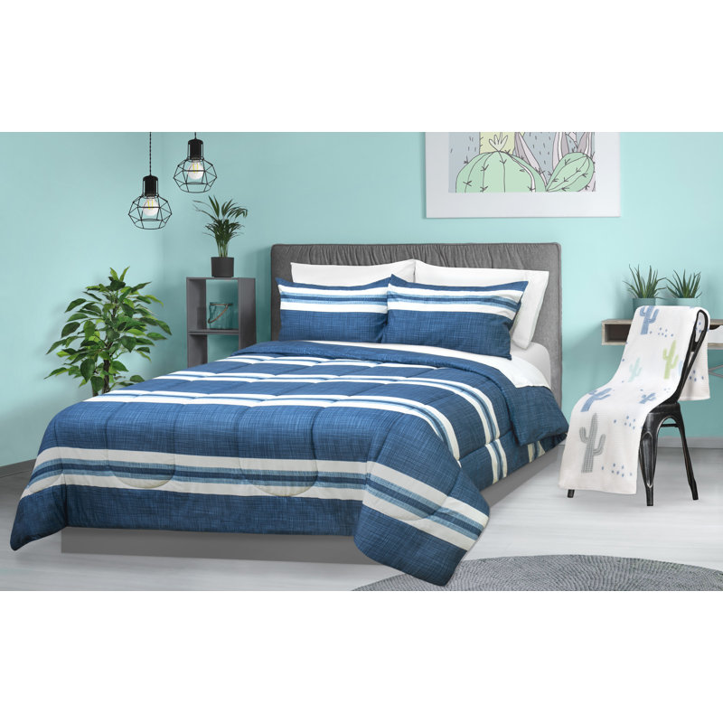 Ensemble d'édredon réversible en microfibre bleu , Édredon simple et 1 taie décorative