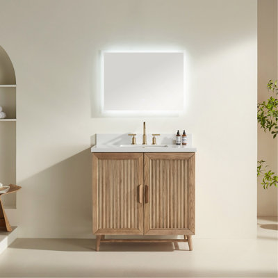 Meuble-lavabo de salle de bain autoportant 36 po entièrement assemblé en bois massif avec plateau blanc d'ingénierie entièrement assemblé
